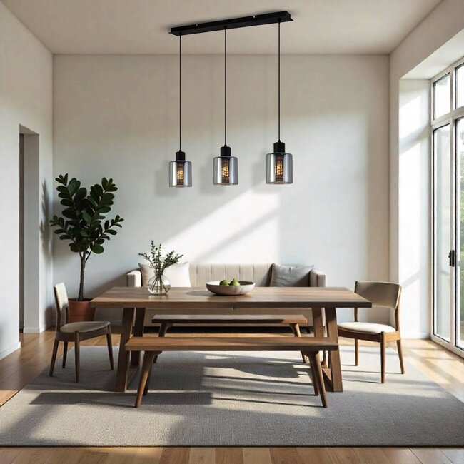 Cilinder Design Hanglamp - 3-Lichts - Smoke glazen - E27 fittings - Rechthoekige Plafondplaat