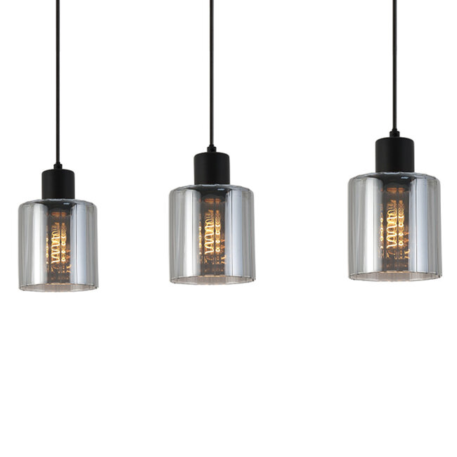 Cilinder Design Hanglamp - 3-Lichts - Smoke glazen - E27 fittings - Rechthoekige Plafondplaat