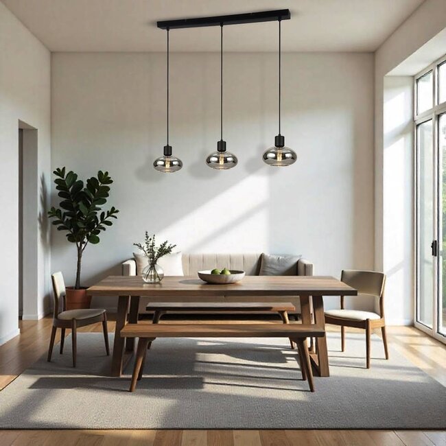 UFO Design Hanglamp - 3-Lichts - Smoke glazen - E27 fittings - Rechthoekige Plafondplaat