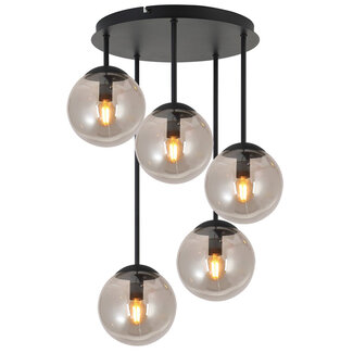 PURPL Globe Cluster Design Hanglamp - 5-Lichts - Smoke Glazen - E27 Fittings - Rechthoekige plafondplaat