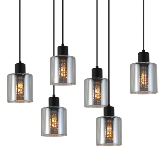 Cilinder Design Hanglamp - 6-Lichts - Smoke glazen - E27 fittings - Rechthoekige Plafondplaat