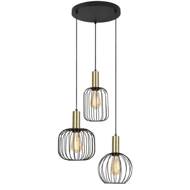 Design Hanglamp Industrieel - 3-Lichts - Zwart met Goud - E27 fittingen - Ronde Plafondplaat