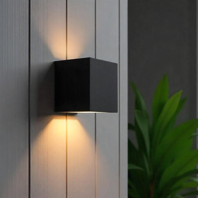 PURPL COB LED wandlamp - 6W - 3000K Warm Wit - Up & Down Light - IP54 - Voor Buiten en Binnen - Kubus - Zwart