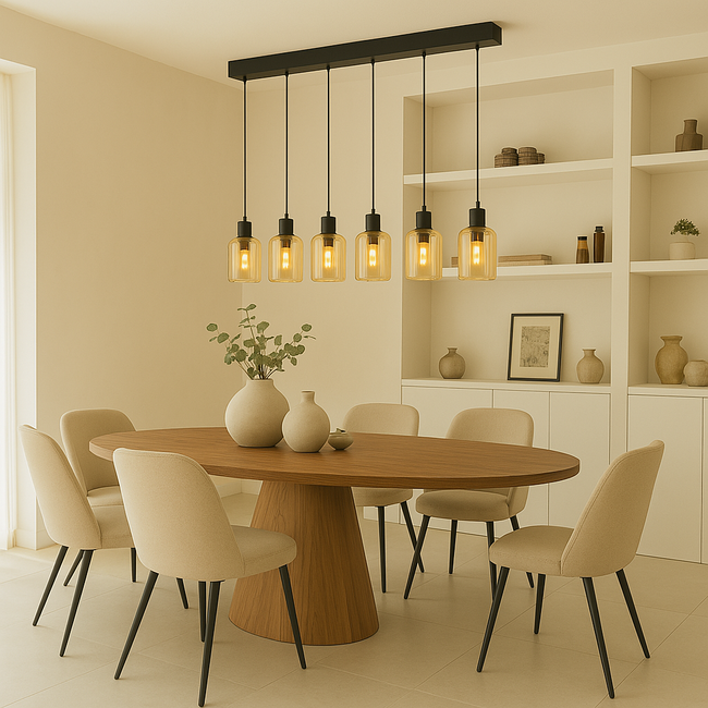 Cilinder Design Hanglamp - 6-Lichts - Amber Glazen - E27 fittings - Rechthoekige Plafondplaat