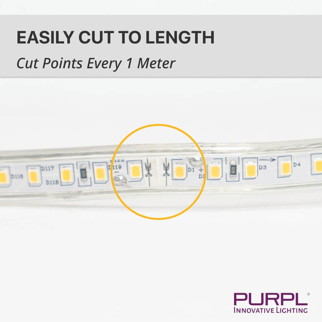 PURPL LED Strip - 50 m - 120 LEDs p/m - 220V - 3000K Warm wit - Dimbaar - IP67