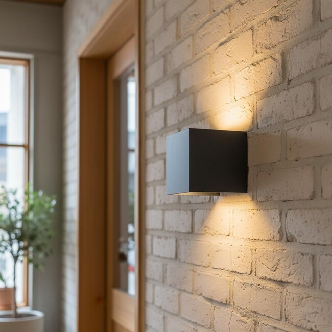 COB LED wandlamp - 6W - 3000K Warm Wit - Up & Down Light - IP54 - Voor Buiten en Binnen - Kubus - Zwart