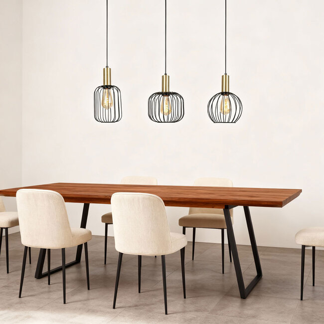 Design Hanglamp Industrieel - 3-Lichts - Zwart met Goud - E27 fittingen - Rond
