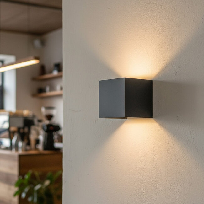 PURPL COB LED wandlamp - 6W - 3000K Warm Wit - Up & Down Light - IP54 - Voor Buiten en Binnen - Kubus - Zwart