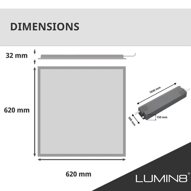 Lumin8 LED Paneel - 62x62 - 6000K Koud wit - 40W - 4000 lm - 100 lm/W - UGR<22- Flikkervrij - Back-lit