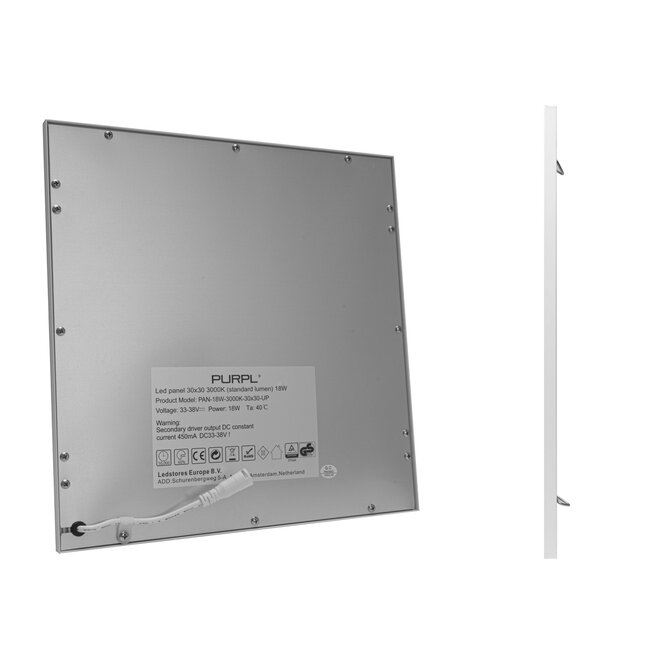 PURPL LED Paneel - 30x30 - 6000K Koud Wit - 18W - 1800 lm - 100 lm/W - UGR<22 - Flikkervrij - Edge-lit