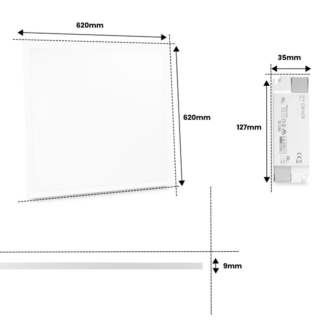 PURPL LED Paneel - 62x62 - 6000K Koud wit - 33W - 3300 lm -100 lm/W - UGR<22 - Flikkervrij - Edge-lit