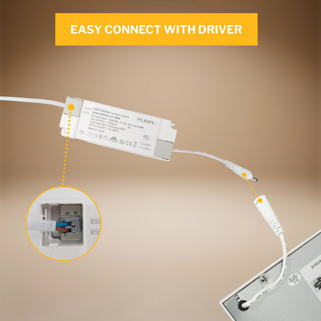 PURPL LED Paneel - 62x62 - 6000K Koud wit - 33W - 3300 lm -100 lm/W - UGR<22 - Flikkervrij - Edge-lit
