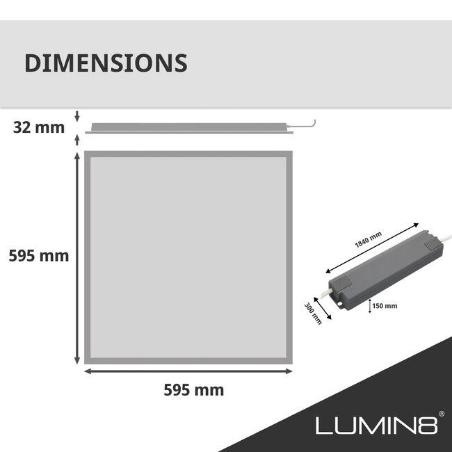 Lumin8 LED Paneel - 60x60 - 3000K  Warm Wit - 40W - 4000 lm - 100 lm/W - UGR<22- Flikkervrij - Back-lit