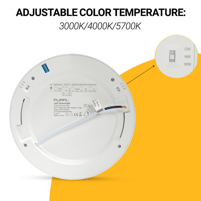 PURPL LED downlight -  PIR Sensor - 10W/13W/16W - ø240mm - 3CT (3000K/ 4000K/ 5700K) - Inbouw - Interne driver - Rond - Wit