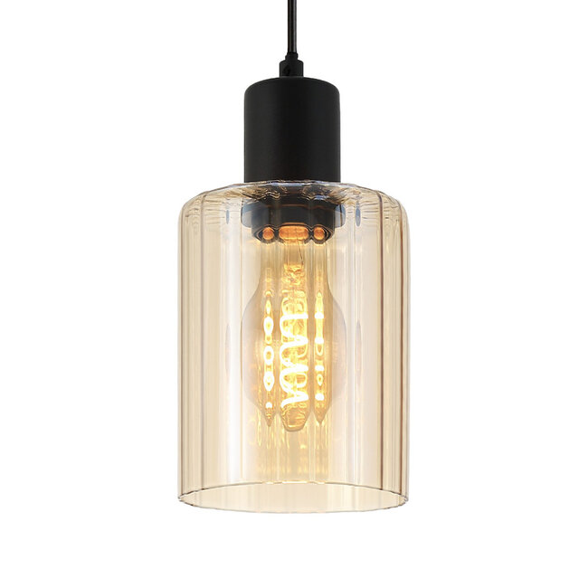 Cilinder Design Hanglamp - 3-Lichts - Amber Glazen - E27 fittings - Rechthoekige Plafondplaat