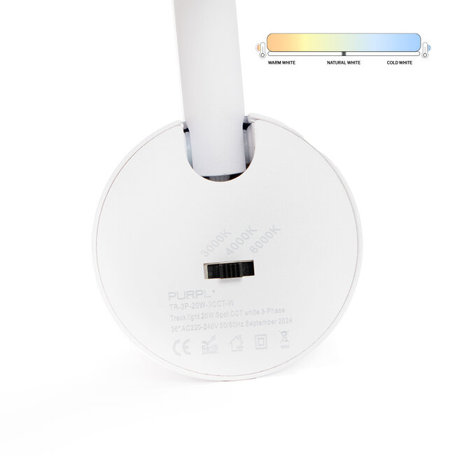 PURPL LED Railspot - 20W - 3CCT (3000K/4000K/6000K) - Ø60x130mm - 3-fase - Wit