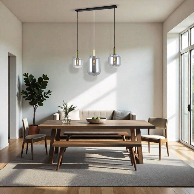 Tube Design Hanglamp - 3 Lichts - Spiegel smoke glazen - E27 Fittings - Rechthoekige Plafondplaat