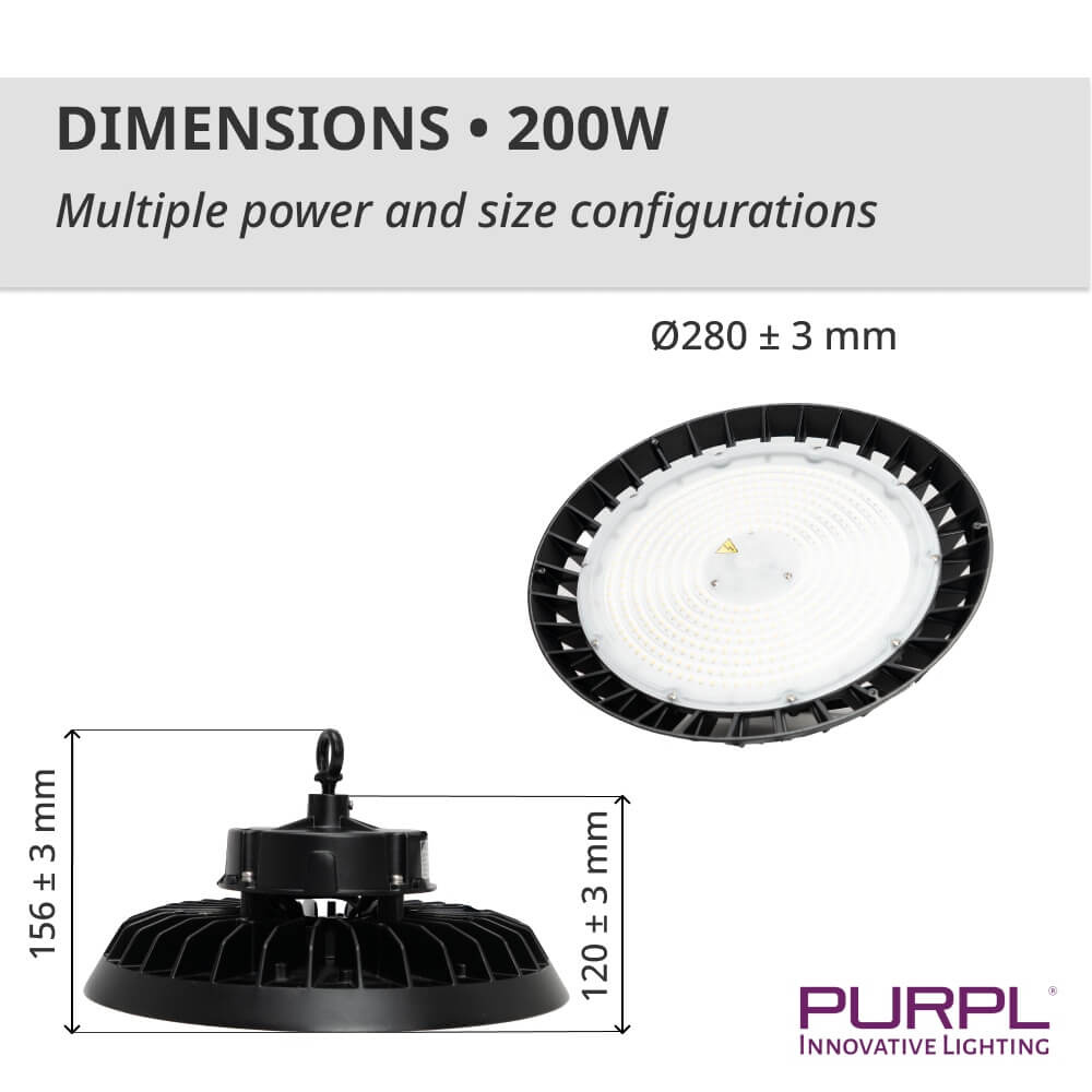 PURPL LED High Bay - 200W - 30.000 lm - 150 lm/W - 4000K Helder Wit - 110° - IP65 - IK10 - Dimbaar - G7 - Flikkervrij, foto 5 van 6