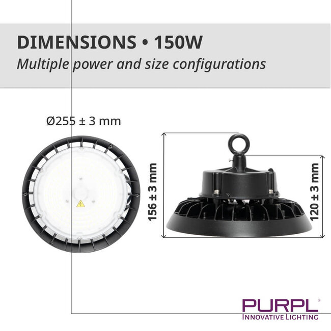 PURPL LED High Bay - 150W - 22.500 lm - 150 lm/W - 4000K Helder Wit - 110° - IP65 - IK10 - Dimbaar - G7 - Flikkervrij