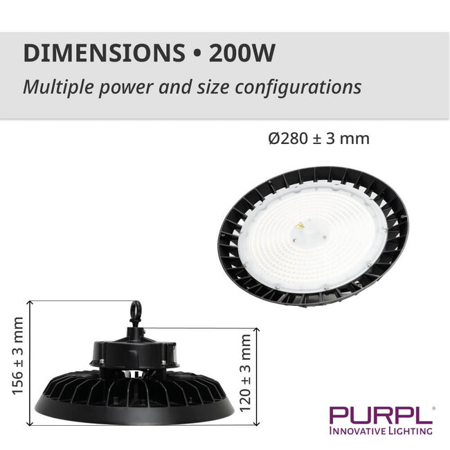 PURPL LED High Bay - 200W - 30.000 lm - 150 lm/W - 6000K Koud Wit - 110° - IP65 - IK10 - Dimbaar - G7 - Flikkervrij