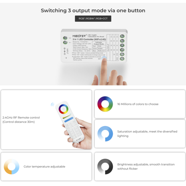 Miboxer LED Controller - 3-in-1 - WiFi + 2.4GHz - RGB/RGBW/RGB+CCT - FUT037W+