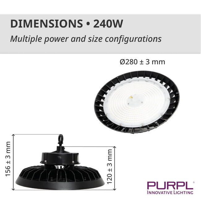 PURPL LED High Bay - 240W - 36.000 lm - 150 lm/W - 6000K Koud Wit - 110° - IP65 - IK10 - Dimbaar - G7 - Flikkervrij
