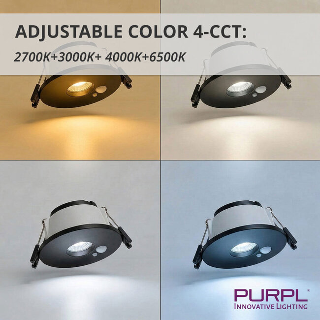 PURPL LED Inbouwspot - 4W/6W - PIR Sensor - 4CCT (2700K/3000K/4000K/6500K) - Ø87mm - IP20 - Rond - Zwart