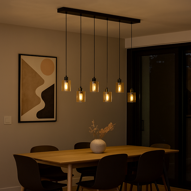 PURPL Cilinder Design Hanglamp - 6-Lichts - Amber Glazen - E27 fittings - Rechthoekige Plafondplaat