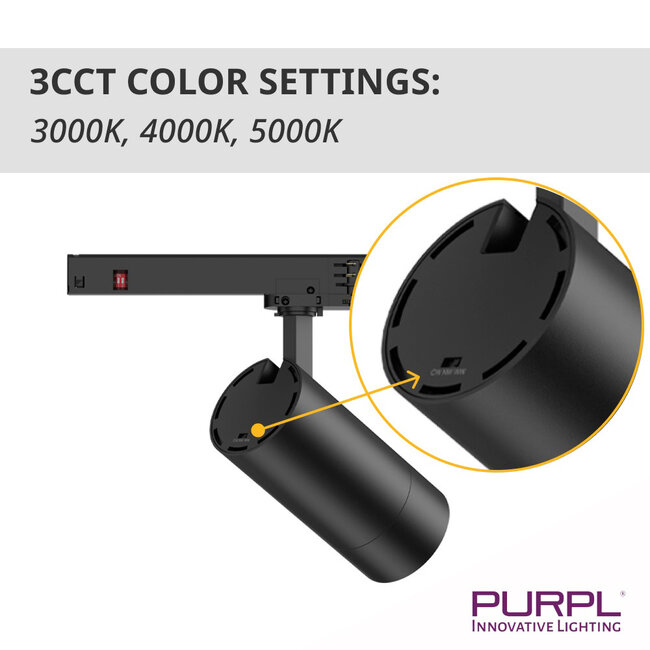 PURPL COB LED Railspot - 10W/15/20W - 3CCT (3000K/4000K/5000K) - ø65x147mm - 3-fase - Zwart