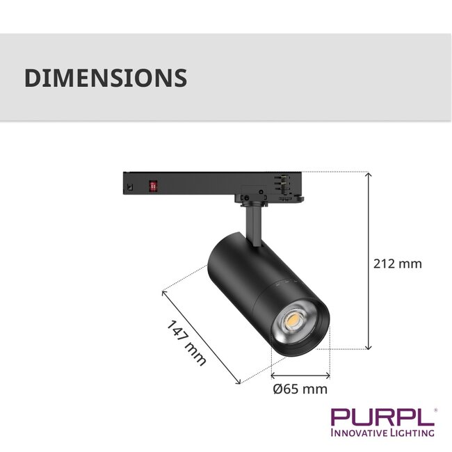 PURPL COB LED Railspot - 10W/15/20W - 3CCT (3000K/4000K/5000K) - ø65x147mm - 3-fase - Zwart