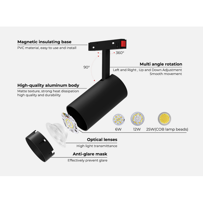 48V Magnetische Railspot - Ø63x130mm - CCT (2700K-6500K) - Zigbee3.0 + 2.4GHz - 12W - 1100 lm - Dimbaar - Zwart