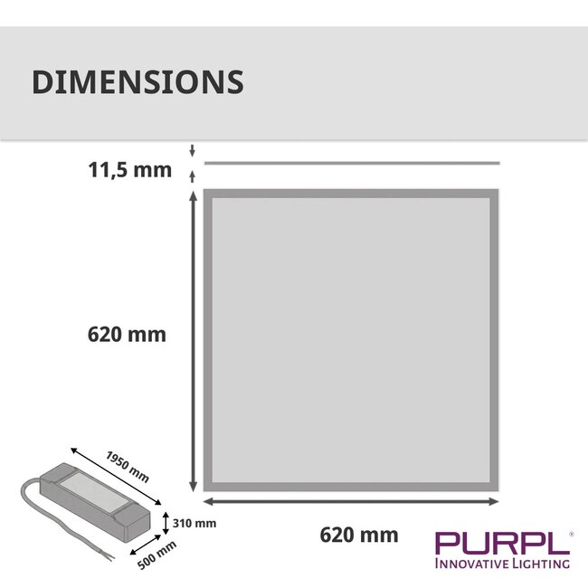 PURPL LED Paneel - 62x62 - 6000K Koud wit - 33W - 3300 lm -100 lm/W - UGR<22 - Flikkervrij - Edge-lit