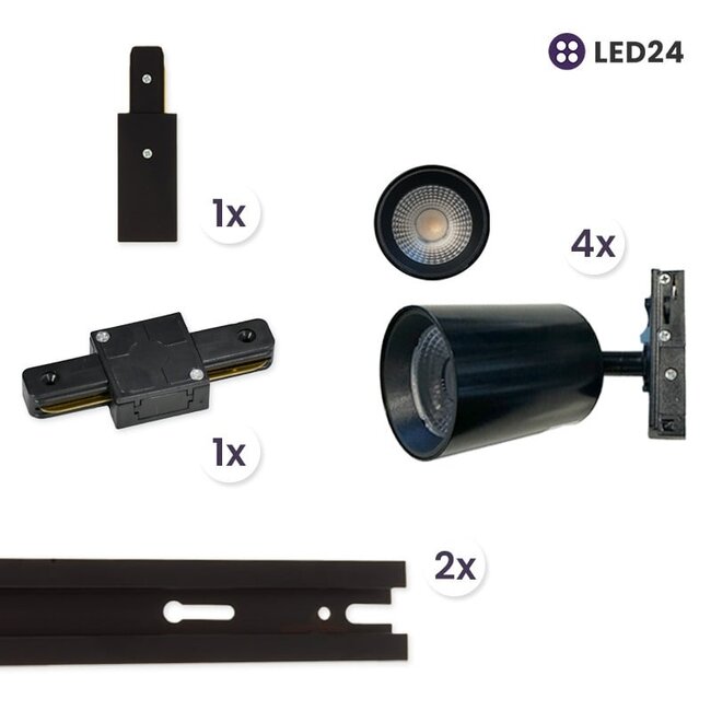 PURPL 1-Phasen-Schienensystem-Set | 3 Meter | 4x  Schienenstrahler warmweiß 2700K | Schwarz