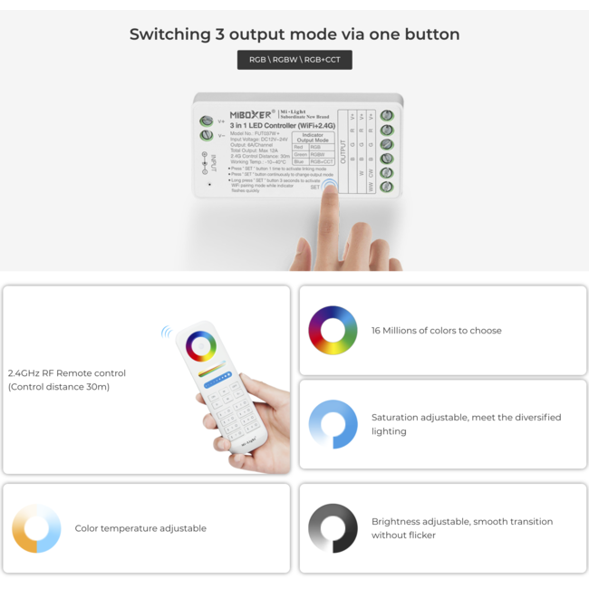 LED Controller für RGB / RGBW / RGB+CCT LED-Streifen | Wi-Fi + 2.4GHz | FUT037W+