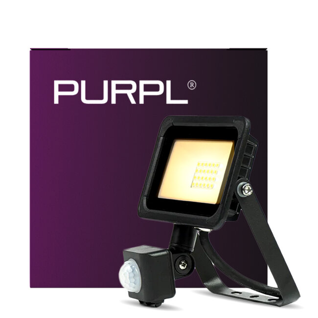 PURPL LED Flutlicht 10W + Bewegungssensor | Warmweiß | IP44 | inkl. Halterbügel | Schwarz