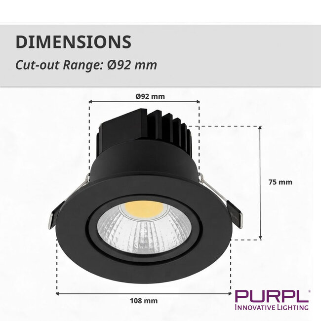 PURPL COB LED Einbauspot | 7W | Ø108mm | Warmweiß 2700K | Schwenkbar | Schwarz