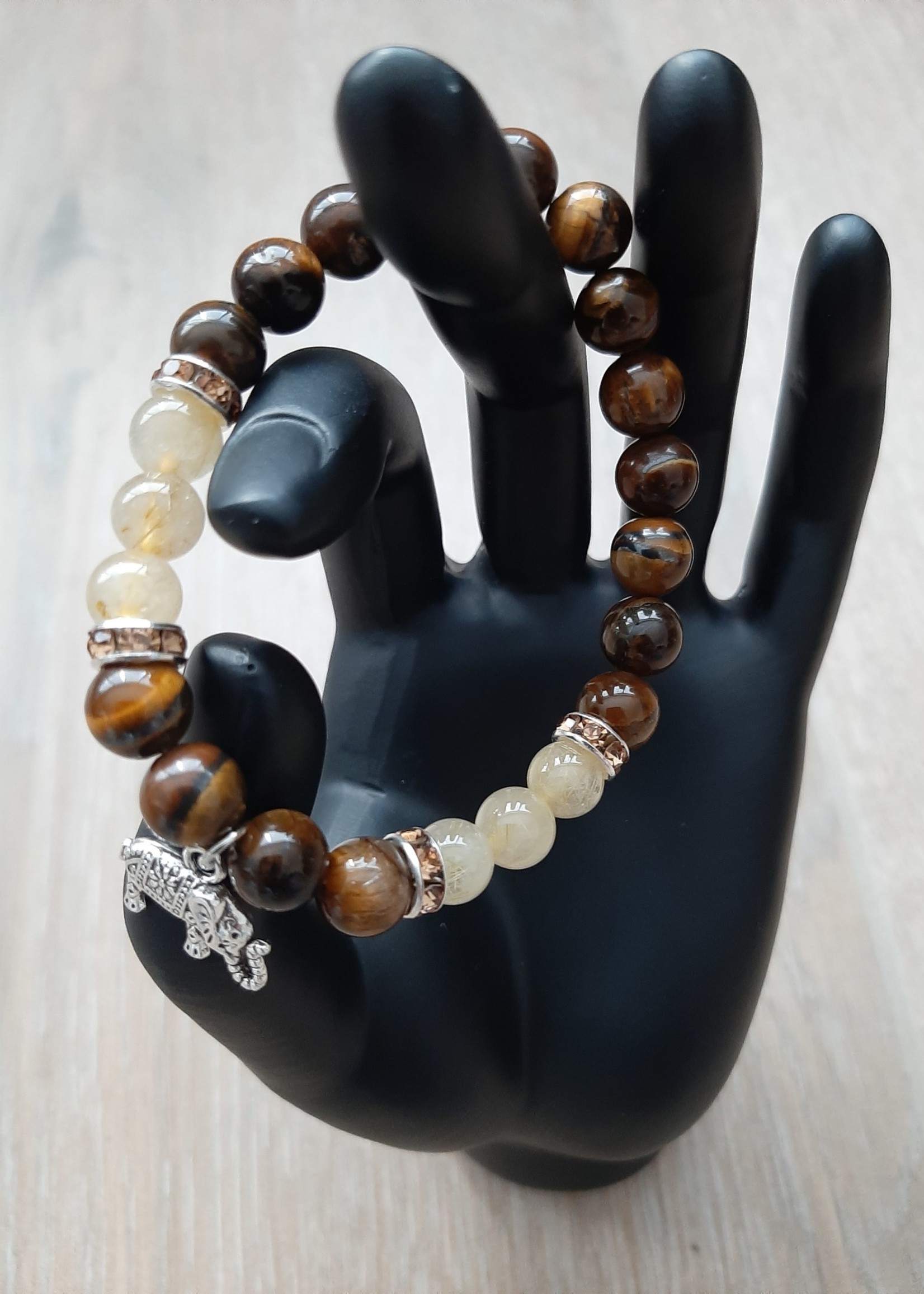 Bracelet Tigereye/Rutile quartz with elephant charm