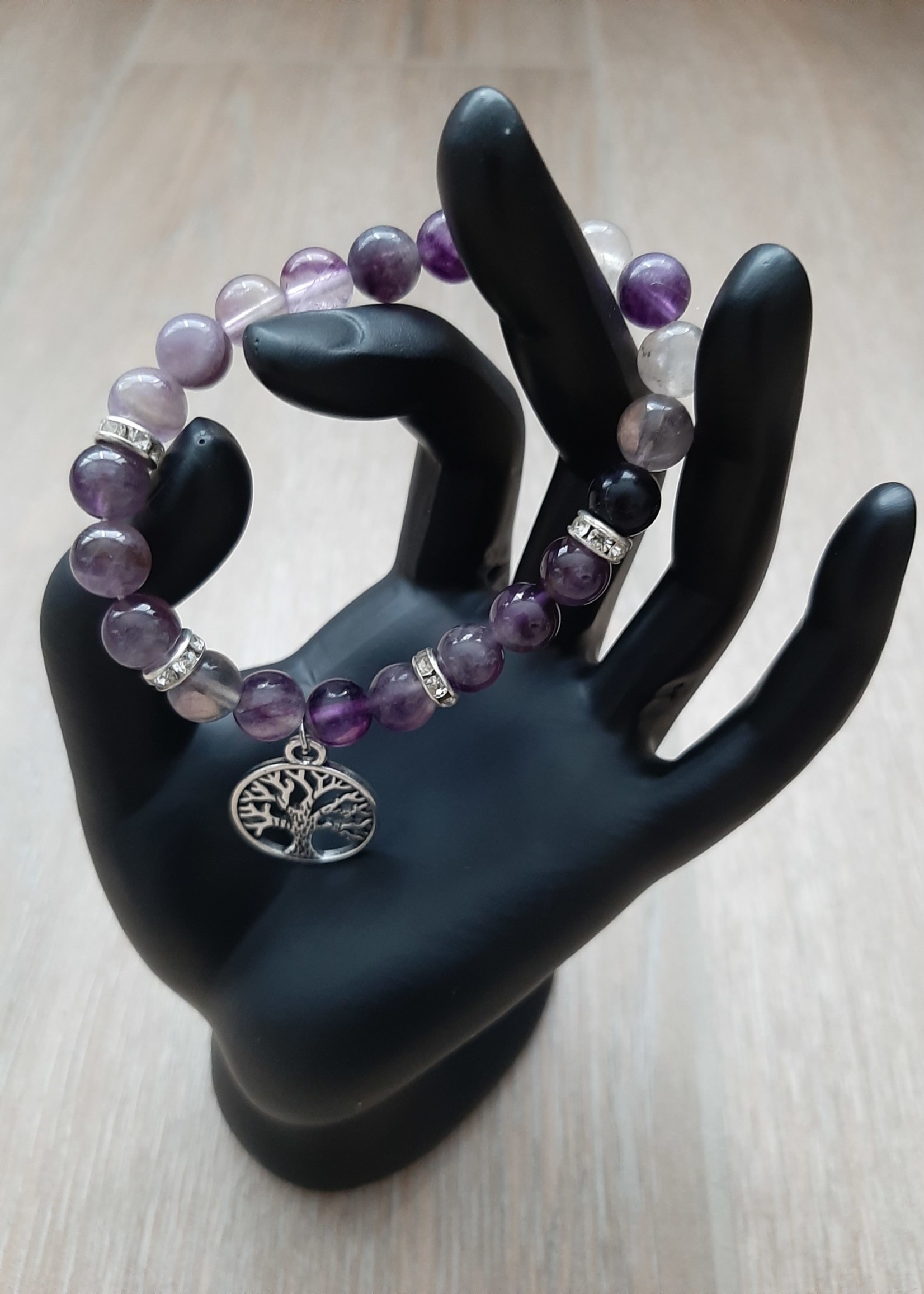 Bracelet Fluorite/Amethyst with tree of life charm