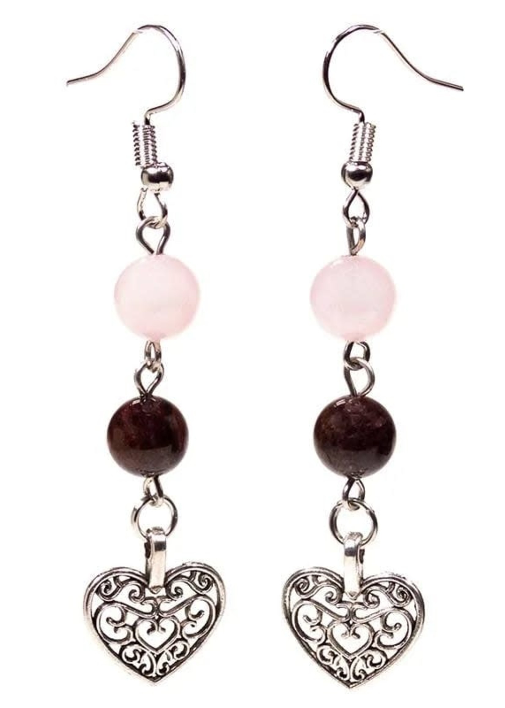 Boucles d'oreilles Grenat/Quartz Rose avec Cœur