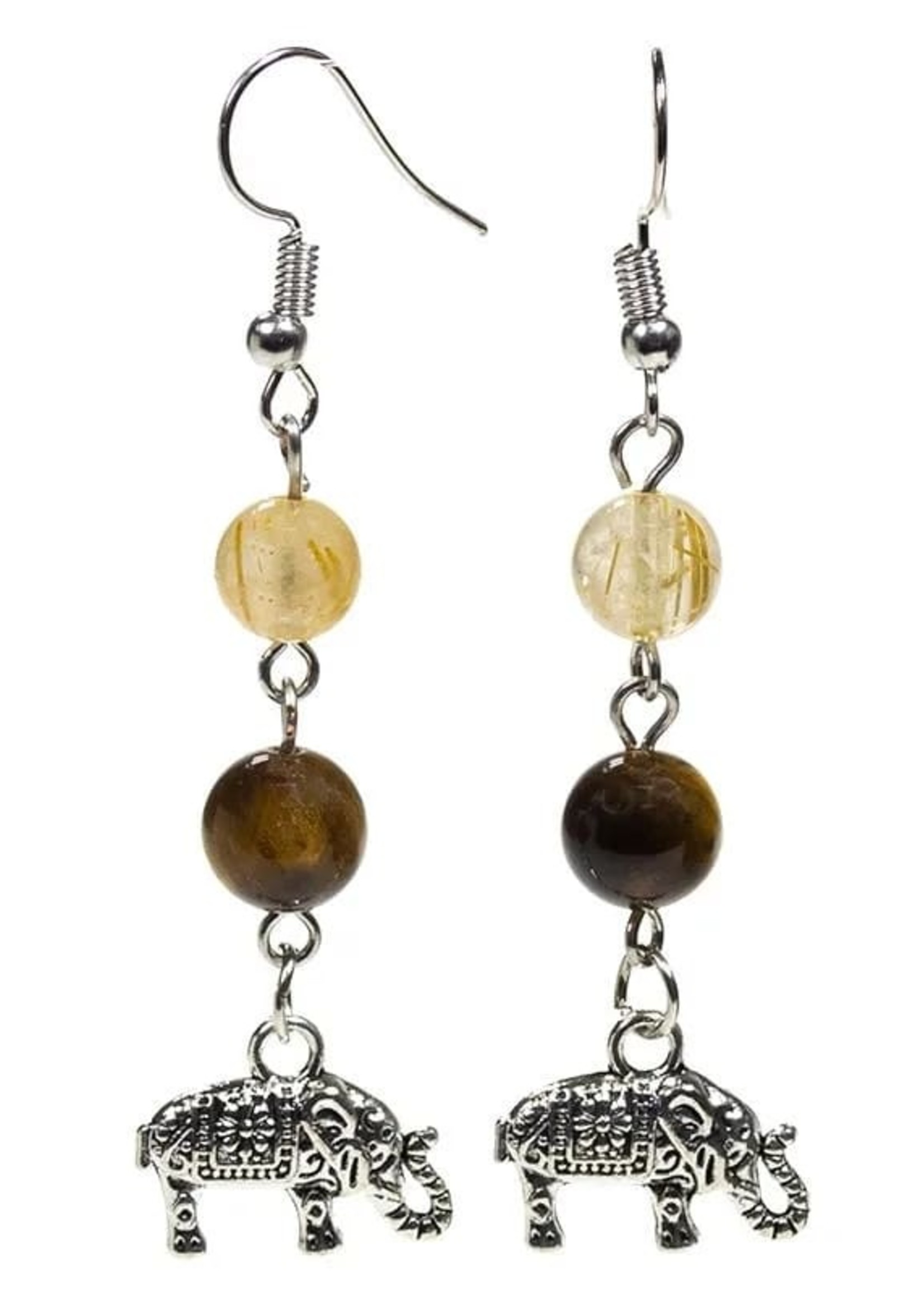 Earrings Tigereye/Rutile Quartz with Elephant