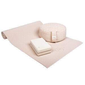Lotus Anfänger Set Yogamatte Sand, Jute Meditationskissen und Cremeblock
