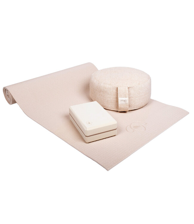 Anfänger Set Yogamatte Sand, Jute Meditationskissen und Cremeblock