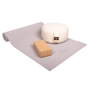 Lotus Anfänger Set Yogamatte Taupe, Sand Meditationskissen und Block