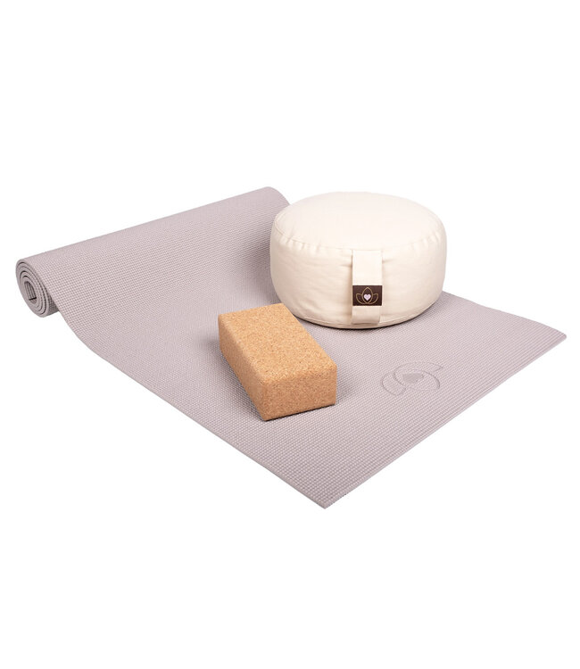 Anfänger Set Yogamatte Taupe, Sand Meditationskissen und Block