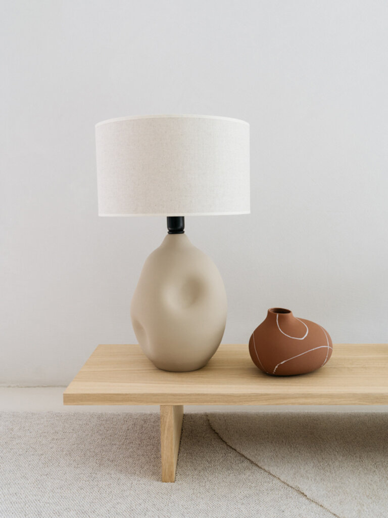 Handmade earthenware table lamp Liz  sand with linen shade