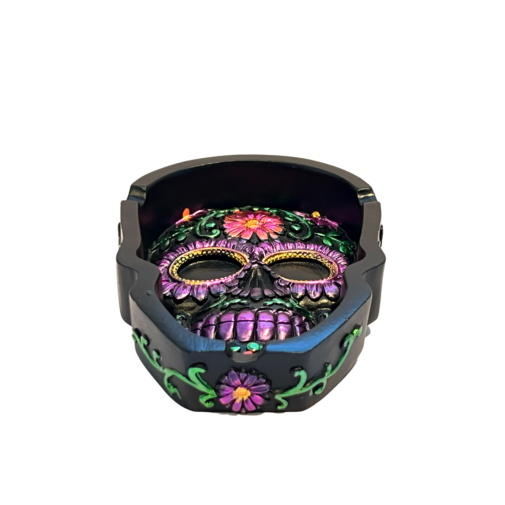 Flat Resin Ashtray with Colored Skull & Flowers