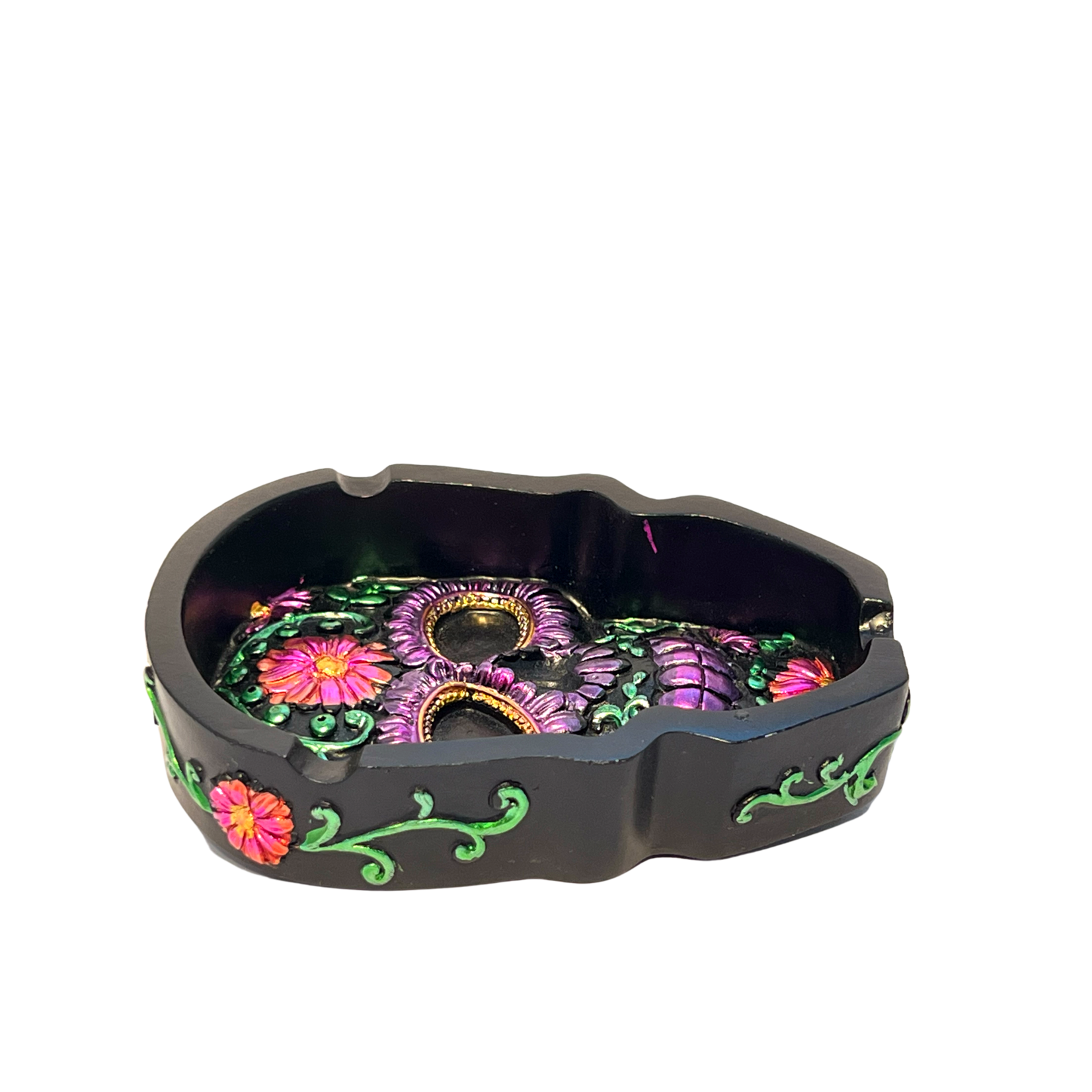 Platte Hars Asbak met Gekleurd Skull & Bloemen