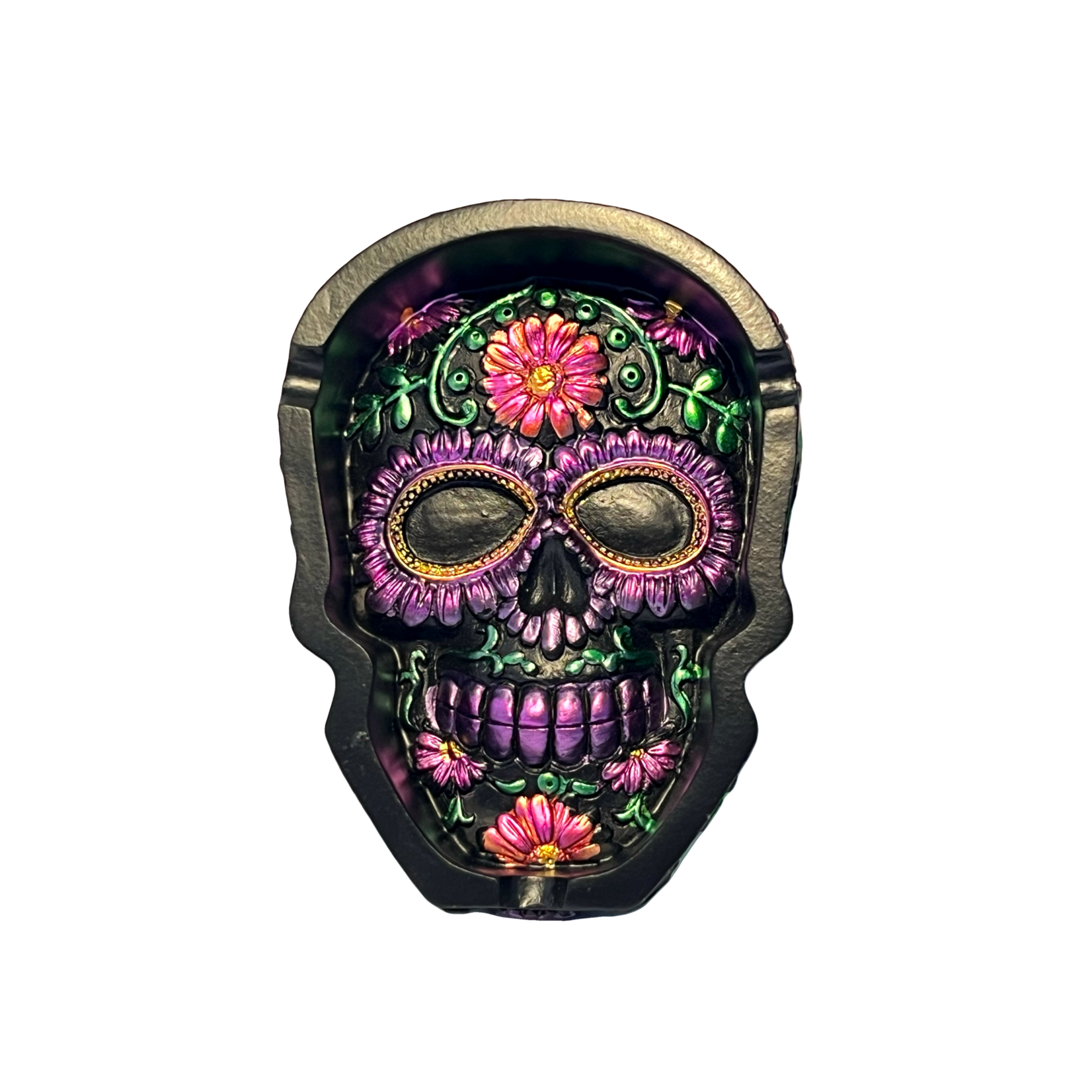 Flat Resin Ashtray with Colored Skull & Flowers