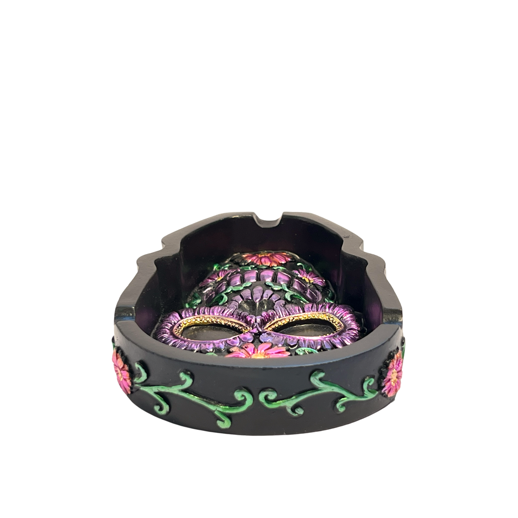 Flat Resin Ashtray with Colored Skull & Flowers