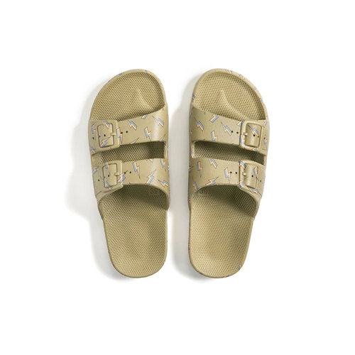 freedom moses BOLT KHAKI Multicolor lightning bolt print on Khaki slides freedom moses BOLT KHAKI Multicolor lightning bolt print on Khaki slides